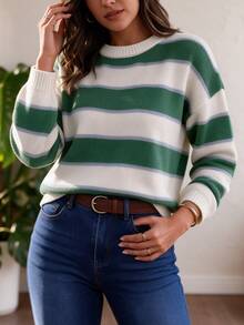 Green & White Colorblock Striped Knit Pullover Sweater, No Decoration, Round Neck, Drop Shoulder, Loose Fit, Casual Daily Commute For Women - Green - View 4