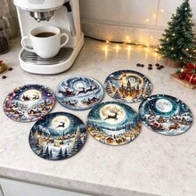 6/420pcs, Coasters, Christmas Night Sleigh Print Coasters, Non-Slip Rubber Backing, Strong Absorbency, Suitable For Holiday Table Decor, Compatible With Coffee Bar, Office, Study, Beautiful And Practical, With Soft Rubber Non-Slip Backing Design, Party Table Coasters, Holiday Decoration Supplies, Home Small Gifts - XYBD59 - View 1