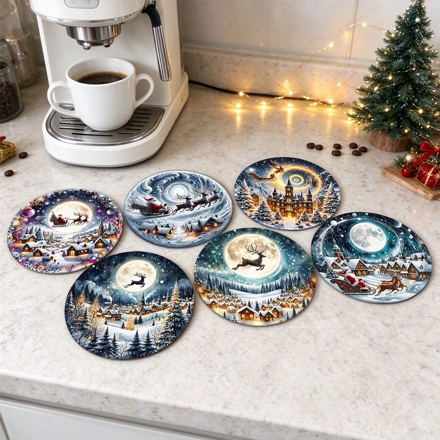 6/420pcs, Coasters, Christmas Night Sleigh Print Coasters, Non-Slip Rubber Backing, Strong Absorbency, Suitable For Holiday Table Decor, Compatible With Coffee Bar, Office, Study, Beautiful And Practical, With Soft Rubber Non-Slip Backing Design, Party Table Coasters, Holiday Decoration Supplies, Home Small Gifts - XYBD59 - View 1
