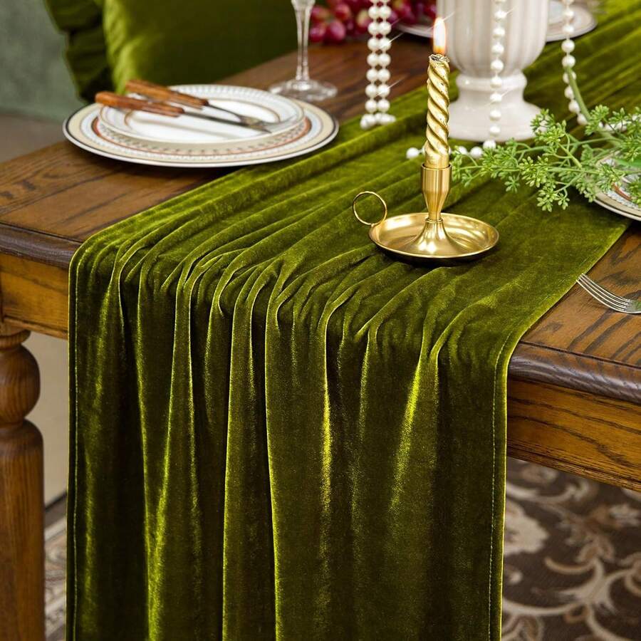 20 X 120 Inch 10ft Velvet Table Runner, Luxurious Thick Soft, Suitable For Christmas, Thanksgiving, Wedding Reception, Party Decoration - Olive Green - View 1