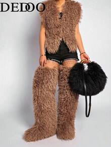 Dedoo 2026 Women's Plush Handbag, Shell Shape, Solid Color, Faux Mink Fur, Hollow Handle, Gold Chain, Crossbody, Fashionable Women's Style, Suitable For Autumn/Winter, Party/Date - Black - View 5