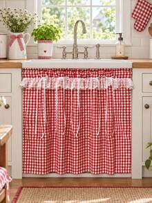 1pc French Country Gingham Cafe Curtain With Ribbon Bows, Cottagecore Plaid Short Kitchen Tier ...