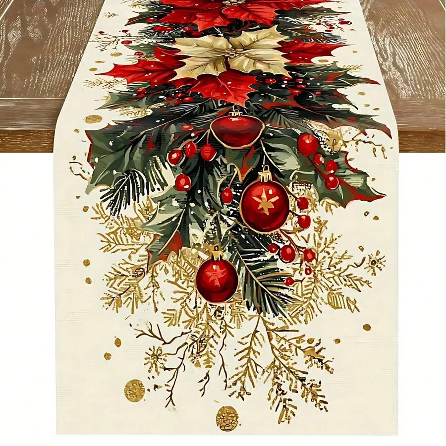 1件裝聖誕一品紅與冬青桌旗,紅金聖誕球與紅莓印花櫥櫃桌旗,聖誕派對餐桌長桌布,冬季聖誕節裝飾,適用於日常、婚禮、節日居家裝飾、餐廳、客廳、餐桌與櫥櫃裝飾 - 彩色 - 查看 1