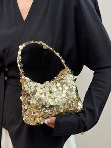1pc Quilted Zipper Closure PVC Sequin Crescent Bag, Fashion Design Handheld Sequin Mini Bag, Women's Evening Clutch, New Versatile Large Sequin Shiny Phone Bag, Party Bag With Atmospheric Vibe, Half Moon Handbag, Perfect For Women Attending Banquets, Parties And Evening Events - Gold - View 4