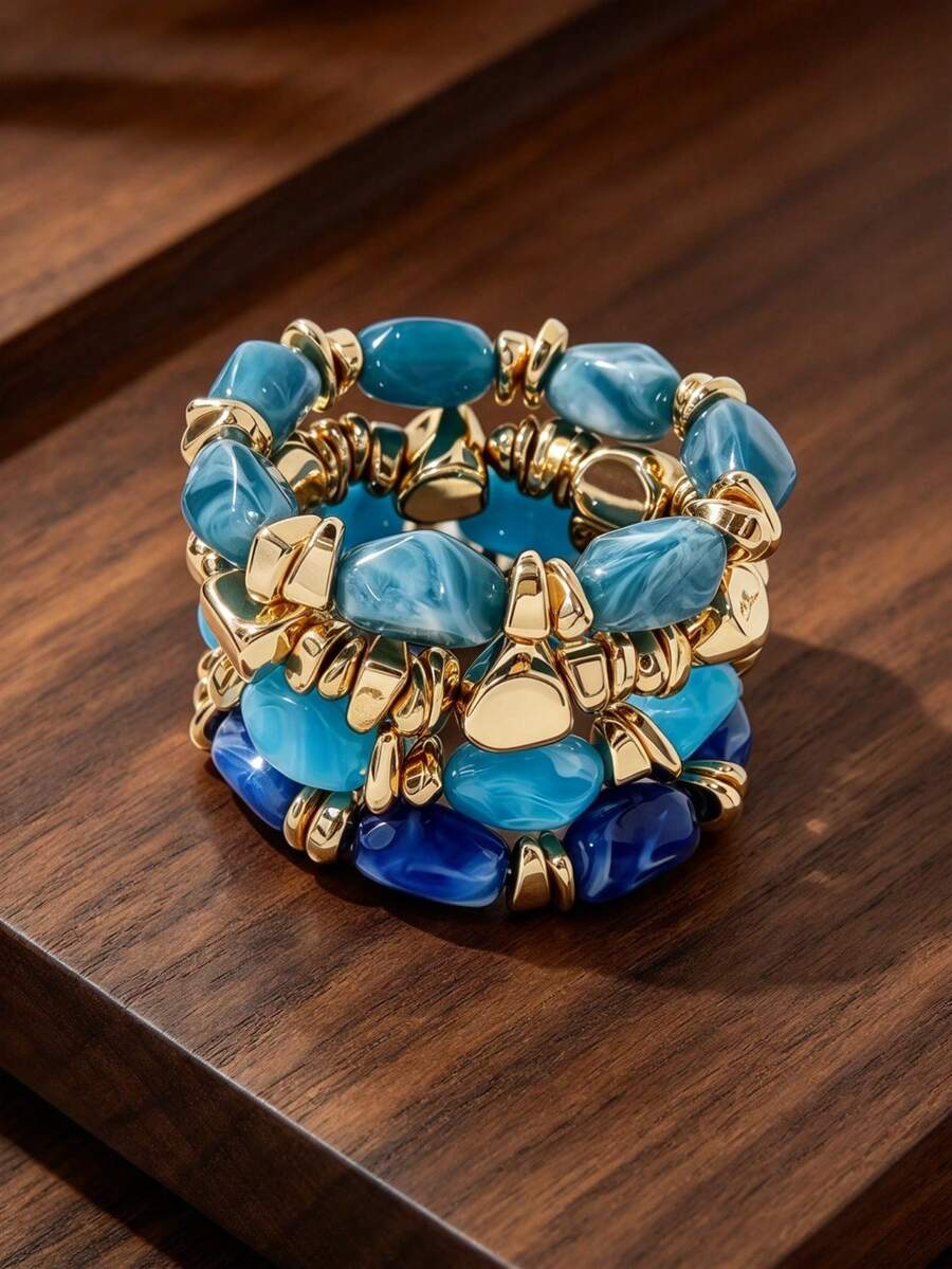 4pcs Fashion Retro Bohemian Thick Multi-Layer Multi-Color Acrylic Beaded Bracelet Gold Crushed Stone Style Bracelet For Women - Multicolor - View 1
