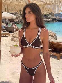 Bikinx Women's Sexy Backless Textured Bikini Set, Contrast Trim And Playful Bottom, High Elasticity Spaghetti Strap Swimwear Vacation Beach Summer Brown - Brown - View 2