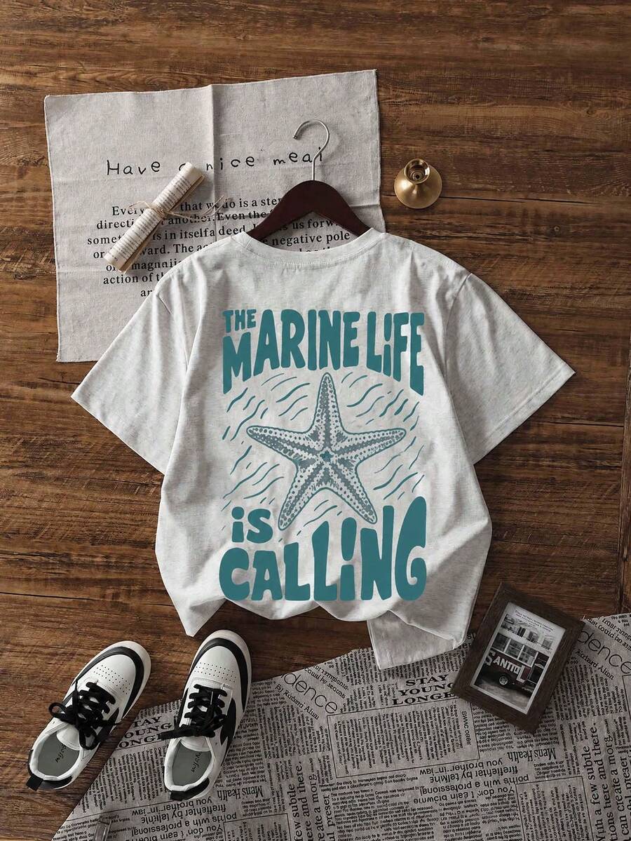 Teen Girls Casual Turtle & Letter Print Round Neck Short Sleeve T-Shirt, Summer Top - Grey - View 1