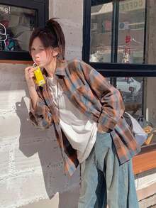女款粉色格紋長袖襯衫，初秋外套，寬鬆上衣 - 摩卡棕 - 查看 5