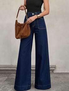 New Elegant Elegant Button Detail Design Straight Leg Jeans, Mid-Stretch Long Casual Style Suitable For Multiple Occasions - Deep Blue - View 3
