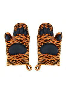 Meoky 1 Pair Kitchen Oven Mitts, Heat-Resistant Non-Slip Surface Oven Mitts And Heat-Insulating Pad, Suitable For Cooking - Orange and Black Tiger - View 1