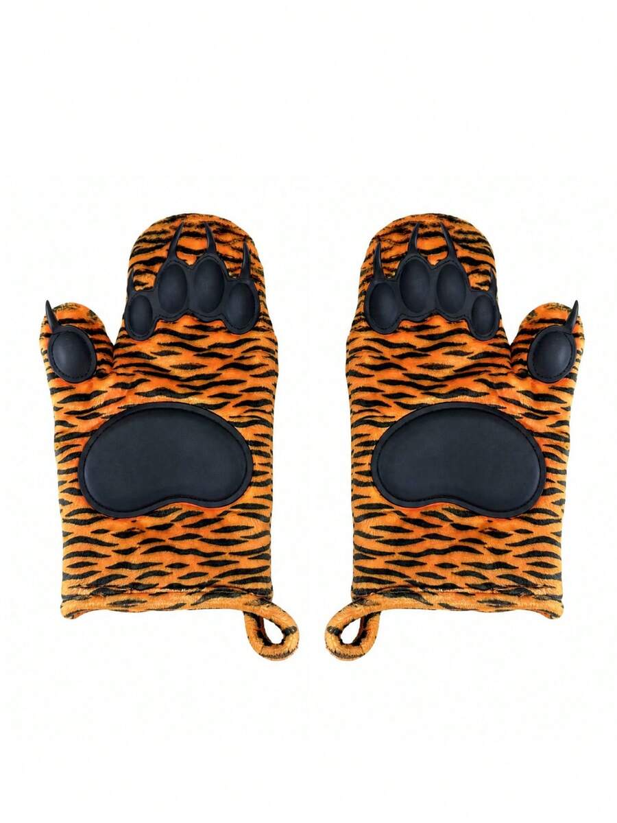 Meoky 1 Pair Kitchen Oven Mitts, Heat-Resistant Non-Slip Surface Oven Mitts And Heat-Insulating Pad, Suitable For Cooking - Orange and Black Tiger - View 1