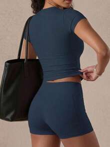 2pcs Badge Blue Sports Set, Solid Color Crew Neck T-Shirt & High Waist Sports Shorts With Pockets, Athleisure Summer - Navy Blue - View 5