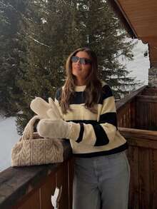 Cozy Women Striped Pullover Sweater Featuring Long Sleeves And Casual Regular Fit Ideal For Fall And Winter Wardrobe Essentials - Yellow - View 5