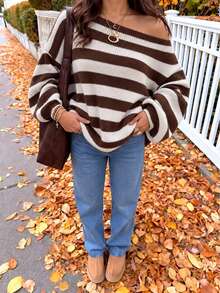 Women's Cute Casual Long Sleeve Cold Shoulder Striped Pink Knit Sweater Pullover Top Back To School - White Brown - View 11