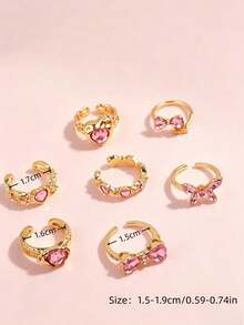10pcs/Set Fashion Sweet Cool Pink Butterfly Heart Rhinestone Rings For Kids, Asymmetrical Bow & Flower Mixed Stackable Jewelry, Daily Wear Gift - Pink Rhinestone Gold Ring - View 7