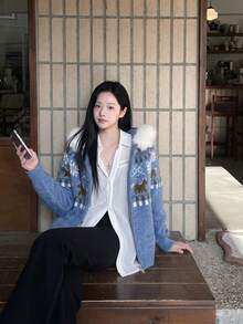 Cardigan Sweater Berresleting Motif Kuda dan Kepingan Salju, Tudung Bulu Imitasi, Lengan Panjang, Hem Bergaris, Biru, Pakaian Rajut Kasual Hangat dan Elastis untuk Musim Gugur dan Musim Dingin. - Grey - View 5