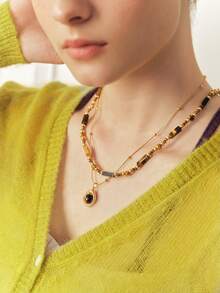 Sorayune 1pc Multi-Layer Tiger Eye Stone Pendant Necklace Set, Boho Fashion Jewelry, Best Friend Gift (Stone Color And Shape Are Random) - Multicolor - View 4