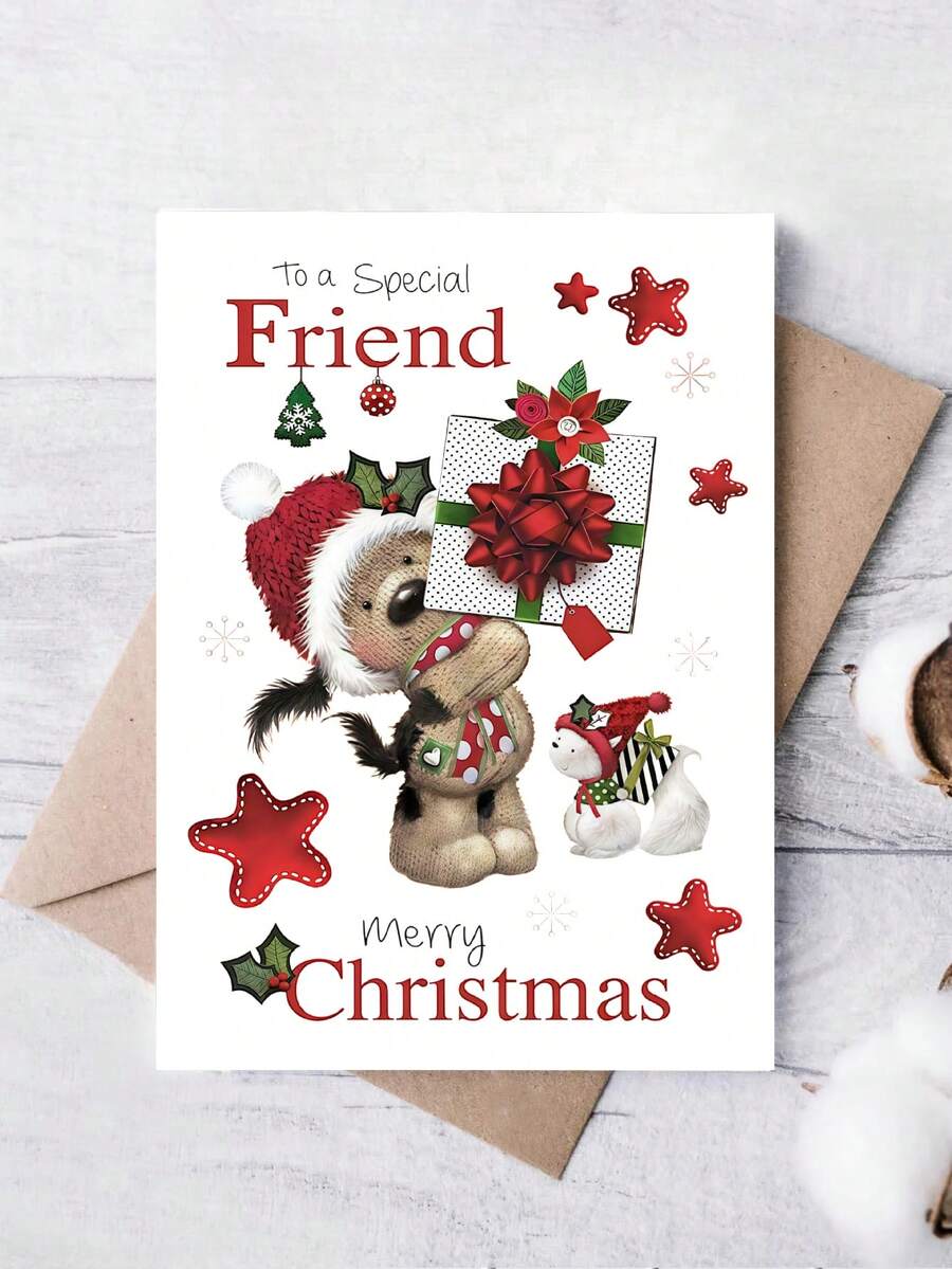 1pc Thickened Sweet Christmas Greeting Card For Close Friend, Toy Dog Holding Red Bow Gift With Snowman With Envelope - A - View 1