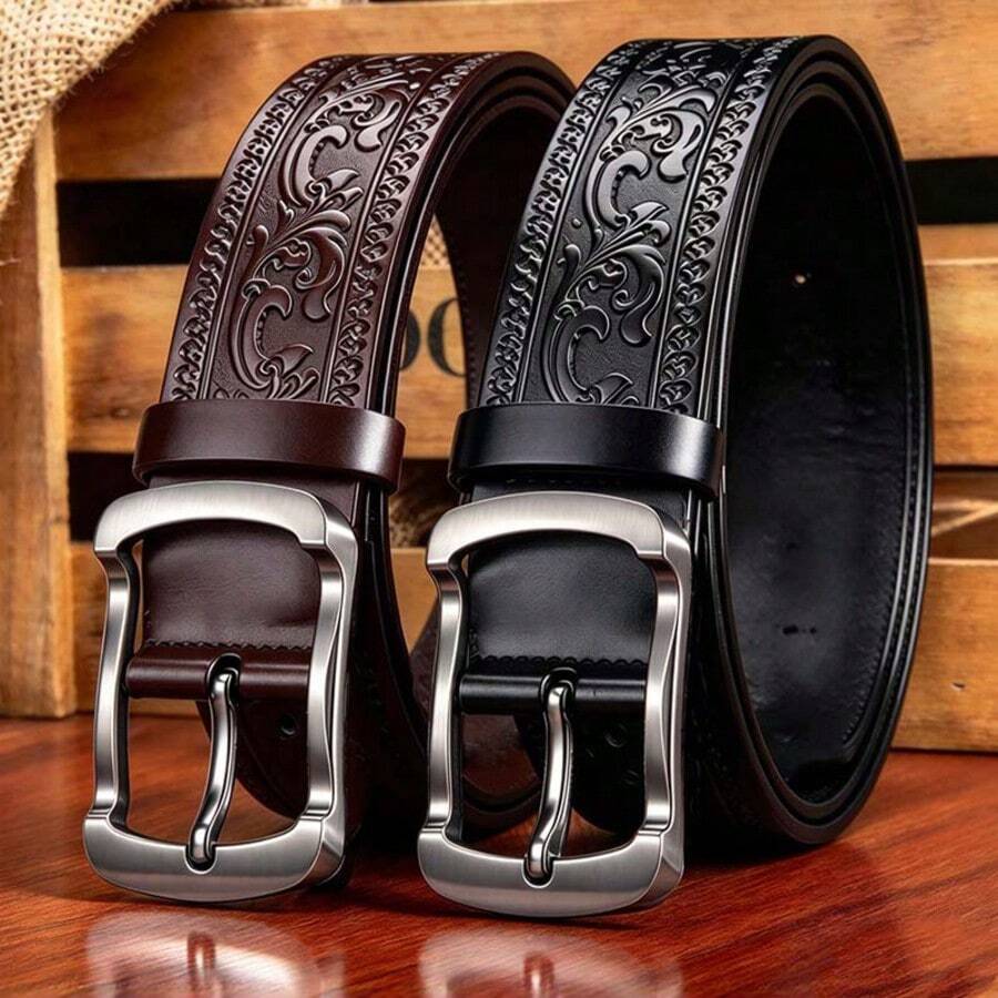 1PC Men's Vintage Leather Belt, Embossed Alloy Buckle, PU Leather Embossed Strap, Suitable For Jeans And Casual Pants, Suitable For Daily Life, Parties And Business Trips - Multicolor - View 1