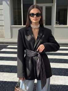Women's Fashion Versatile Black Polyester Long Sleeve Blazer With Polka Dot Belt Design, Suitable For Daily Commute, Travel, Streetwear, Perfect For Elegant Autumn/Winter Outfits - Black - View 2
