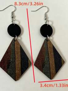 1 Pasang Anting Kayu Belah Ketupat Bergaris Vintage, Perhiasan Telinga Patchwork Bulat Geometris Bohemian - MultiWarna - View 2