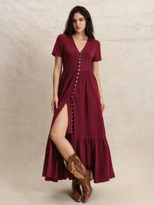 Rusttydustty Women's Red Lace Short Sleeve Maxi Dress, V-Neck Design With Buckle, Suitable For Casual Vacation, Bohemian Style, Autumn/Winter, Halloween Outfit - Red - View 1