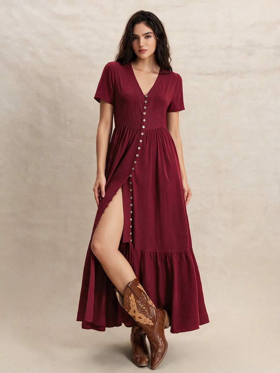 Rusttydustty Women's Red Lace Short Sleeve Maxi Dress, V-Neck Design With Buckle, Suitable For Casual Vacation, Bohemian Style, Autumn/Winter, Halloween Outfit - Red - View 1