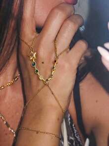 EchoNest 1pc Gold Stainless Steel Colorful Gemstone Star Linked Finger Bracelet Double Layer Finger Chain Decorative Accessory For Vacation Party - Gold - View 1