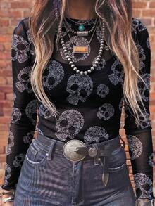 American Halloween Cowgirl Cute Ghost Pumpkin Floral Print Sheer Mesh Fitted Slimming Long Sleeve Western Rodeo Top - Multicolor - View 1