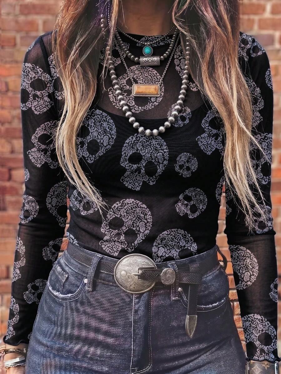 American Halloween Cowgirl Cute Ghost Pumpkin Floral Print Sheer Mesh Fitted Slimming Long Sleeve Western Rodeo Top - Multicolor - View 1