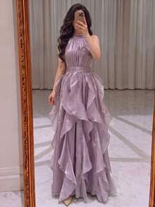 Gaun Maxi Wanita Mewah dari Organza dengan Leher Halter, Hem Berumbai, dan Tali Pengikat di Belakang, Cocok untuk Acara Formal dan Pesta Dansa - Dusty Pink - View 4