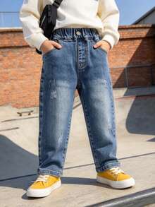 男童幼兒寬鬆舒適復古做舊破洞牛仔長褲，適合日常穿著、上學、戶外，春秋四季皆宜 - 淺藍色 - 查看 4