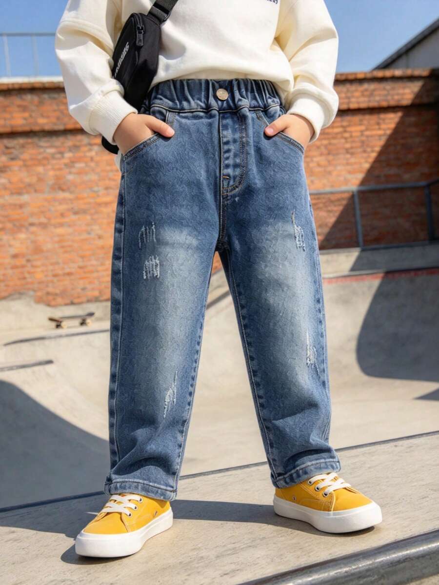 Boys' Kids' Toddler Loose Comfortable Vintage Distressed Ripped Denim Jeans Long Pants, Suitable For Daily Wear, School, Outdoor, Spring, Autumn, All Season - Baby Blue - View 1