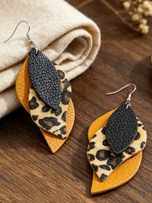 1 Pair Vintage Western Style Multi-Layer PU Leather Earrings, Sexy Leopard Print Color Block Leaf Bohemian Earrings - Multicolor - View 5