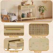 1 Pieza Mesa Consola de Ratán, Mesa Consola de Madera Natural con 2 Cajones y 2 Niveles, Diseño Largo y Estrecho, Estante Abierto, Estilo Bohemio Farmhouse, para Sala de Estar, Entrada, Recámara y Bar de Café - Natural - Ver 5
