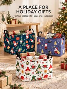 Christmas Square Storage Basket, Printed With Santa Claus, Gnomes, Snowflakes And Trees, Reinforced Handle And Open Design, Multi-Purpose Toy, Blanket, Book And Gift Storage Bin, Suitable For Bedroom, Living Room, Holiday Party And Winter Decor - Multicolor - View 10