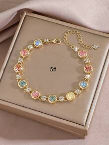 1pc Gorgeous Sparkling Round Square Geometric Colorful Cubic Zirconia Tennis Bracelet, Handmade Original Design Exquisite Bracelet, Suitable For Engagement Party, Daily Wear, Holiday Gift For Friends - Colorful Glitter Bracelet - View 6