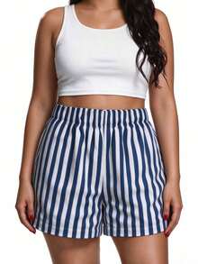 Plus Size Women's Striped Print Elastic Waist Wide Leg Shorts, Summer Style - Blue - View 1