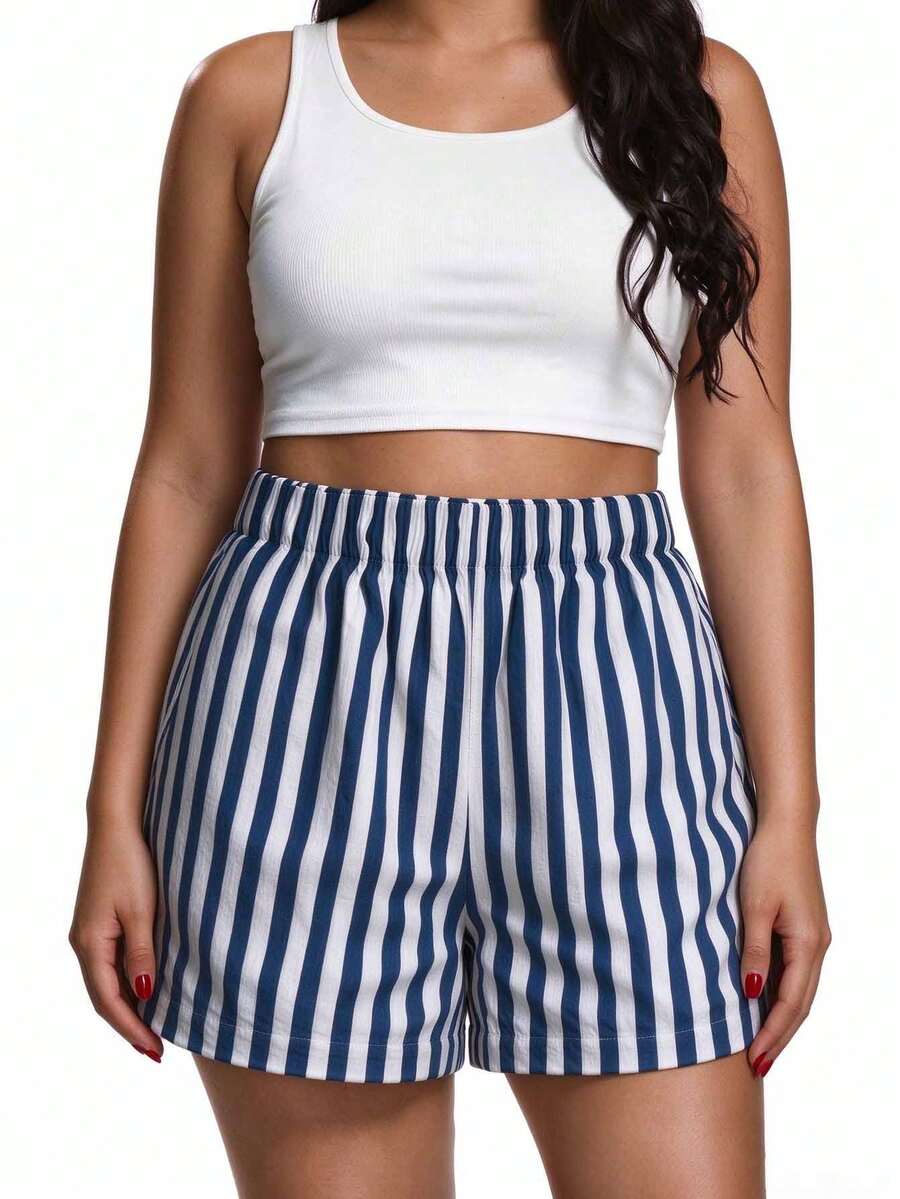 Plus Size Women's Striped Print Elastic Waist Wide Leg Shorts, Summer Style - Blue - View 1