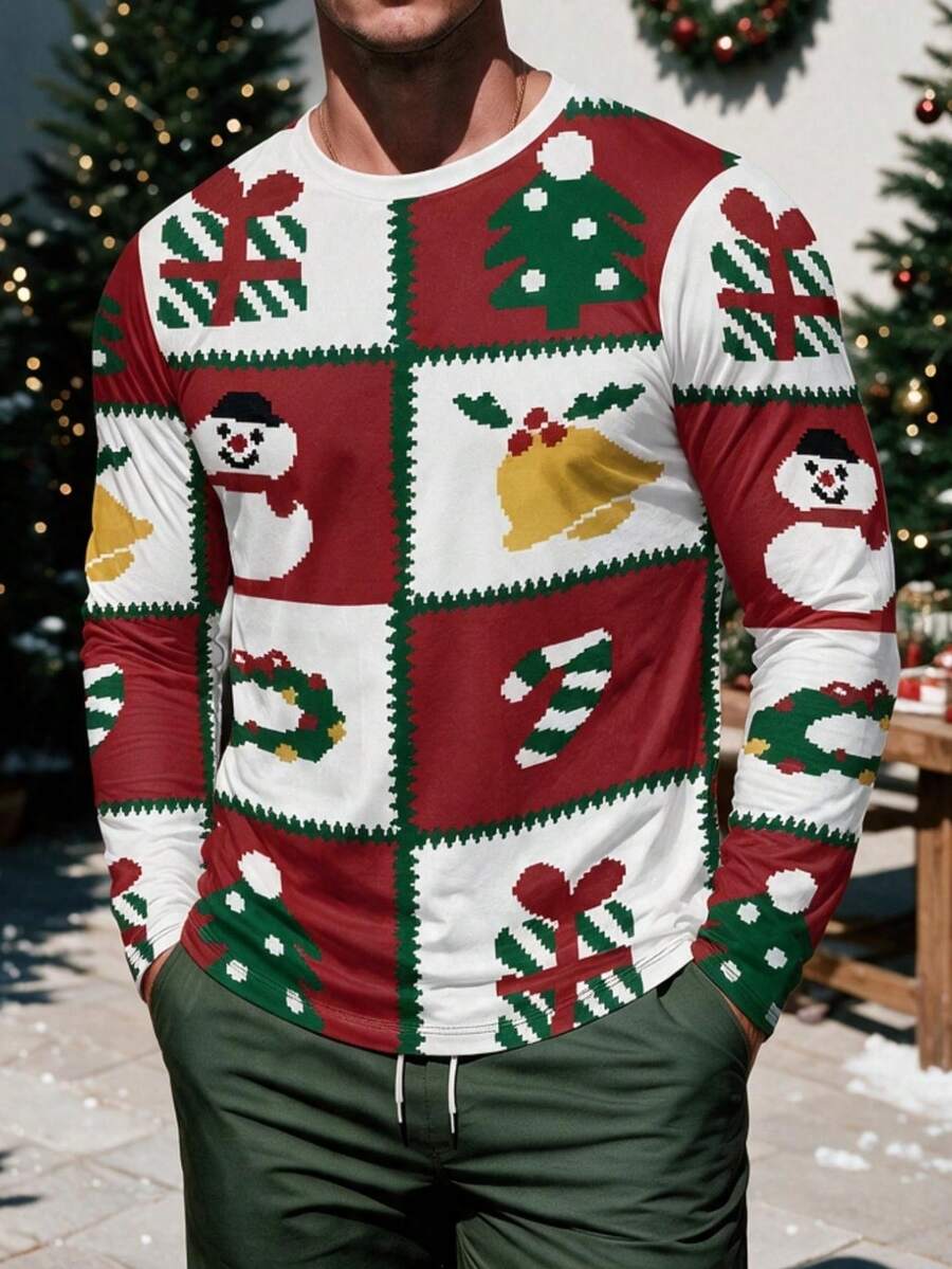 Men's Christmas Plaid Snowman Print Long Sleeve T-Shirt - Multicolor - View 1