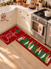 1/2pcs Christmas Kitchen Decor Rug, Christmas Tree Pattern Winter Kitchen Mat And Pad, Non-Slip Washable Absorbent Kitchen Accessory Decorative Mat, Christmas Holiday Gift! - Multicolor - View 4