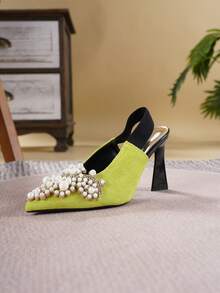 2026 New Fluorescent Yellow Women's Closed Toe Backless 9cm High Heel Sandals, Pointed Toe Pearl Rhinestone Decor, Stable Chunky Heel, Eye-Catching Wedding Evening Party Dress Shoes - Yellow - View 9