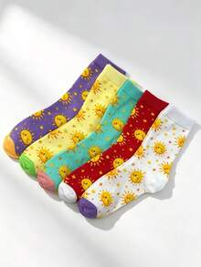 5 Pairs Sun Pattern Mid-Calf Socks - Colorful Cartoon Design, Fashionable Women's Socks, Cute Socks, Suitable For Autumn/Winter Wear - Multicolor - View 5