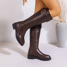 Women's Round Toe Metal Buckle High Shaft Boots With Side Zipper, Chunky Heel, Knee-High, Minimalist Versatile Commuter Boots For Autumn/Winter - Brown - View 1