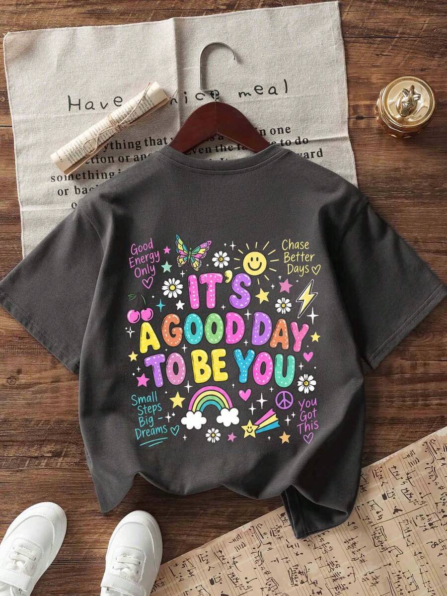 Tween Girls' Casual Funny Print Crew Neck Short Sleeve T-Shirt Top, Summer - Dark Grey - View 1