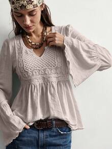 Rusttydustty Linen-Colored Pure Cotton Casual Vacation Bell Sleeve Top, Suitable For Bohemian Style, Daily Wear, Autumn, Halloween - Flax - View 3