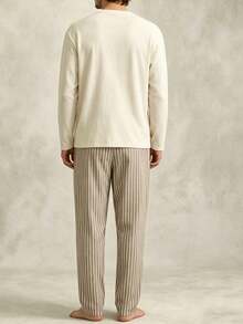 Men's Autumn/Winter Pajama Set, Japanese Ukiyo-E Cartoon Print Long Sleeve Top + Striped Jogger Pants, 2 Pieces Loungewear - Multicolor - View 2