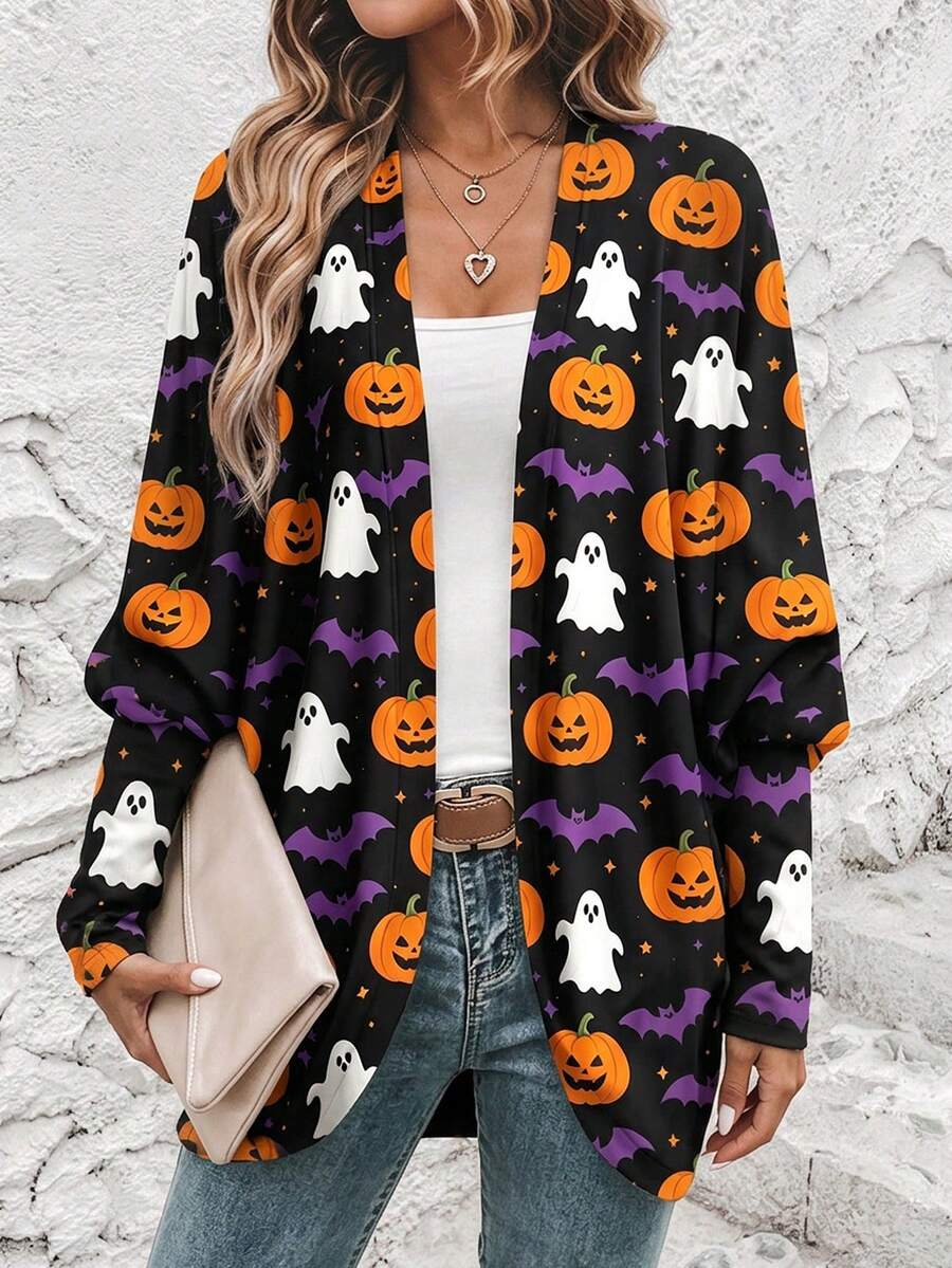 Women's Halloween Pumpkin Ghost Bat Print Cardigan Long Sleeve Loose Knit Sweater - Black - View 1