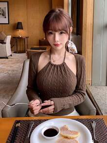 Women's Vintage Cable Knit Halter Tie Top - Brown - View 4