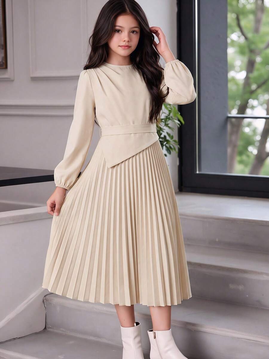 Teenage Girls' Autumn Apricot Pleated Asymmetrical Waist A-Line Dress, Commute Daily Wear, Elegant Party Style - Khaki - View 1